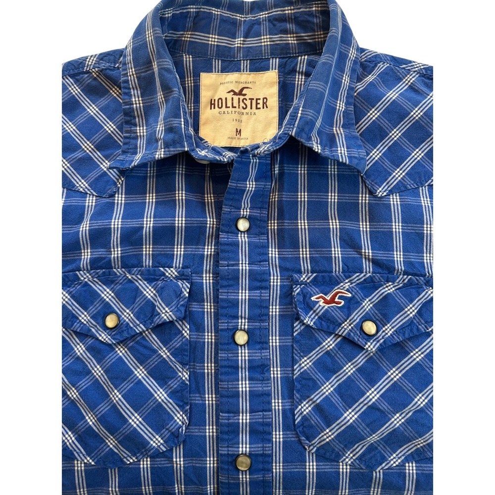VTG Hollister Mens Blue Plaid Western Snap Pearl Button Long Sleeve Shirt Size M